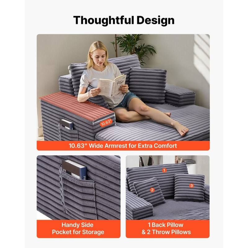 Faux Fur Chaise Lounge with Ergonomic Design, Pocket Springs and Pillows