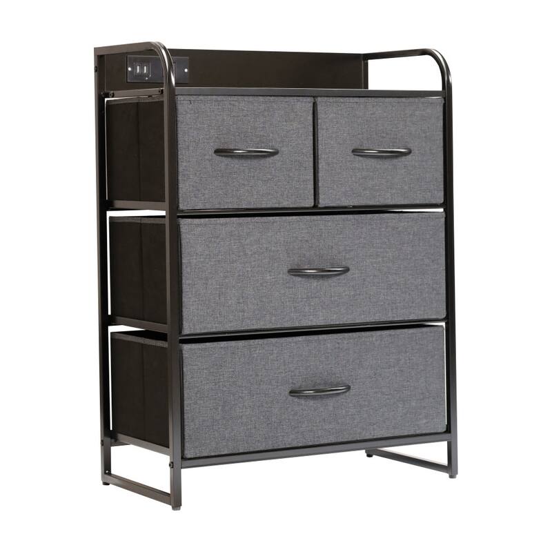 4 Fabric Drawer Nightstand with 2 USB Port/1 Outlet Charging Station - Charcoal Drawers/Black Frame