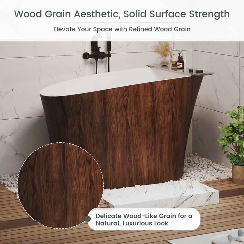 51 in. Solid Surface Freestanding Deep Soaking Bathtub with Built-In Seat, Right Drain, Matte White with Wood Grain Pattern