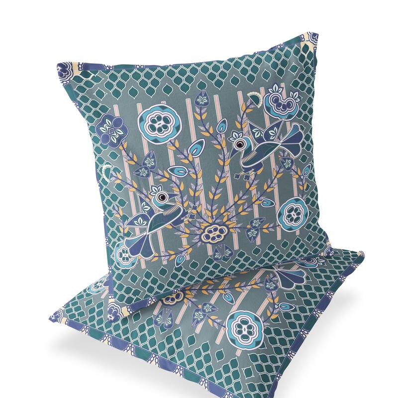 HomeRoots Set of Two 16" X 16" Blue and Gray Peacock Blown Seam Floral Indoor Outdoor Throw Pillow - 16.00' X '16.00' X '5.00