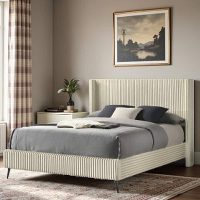 King Size Upholstered Panel Bed with Wide Wale Corduroy Fabric, Elegant Wingback Headboard, Modern Design - Queen Cream - Queen