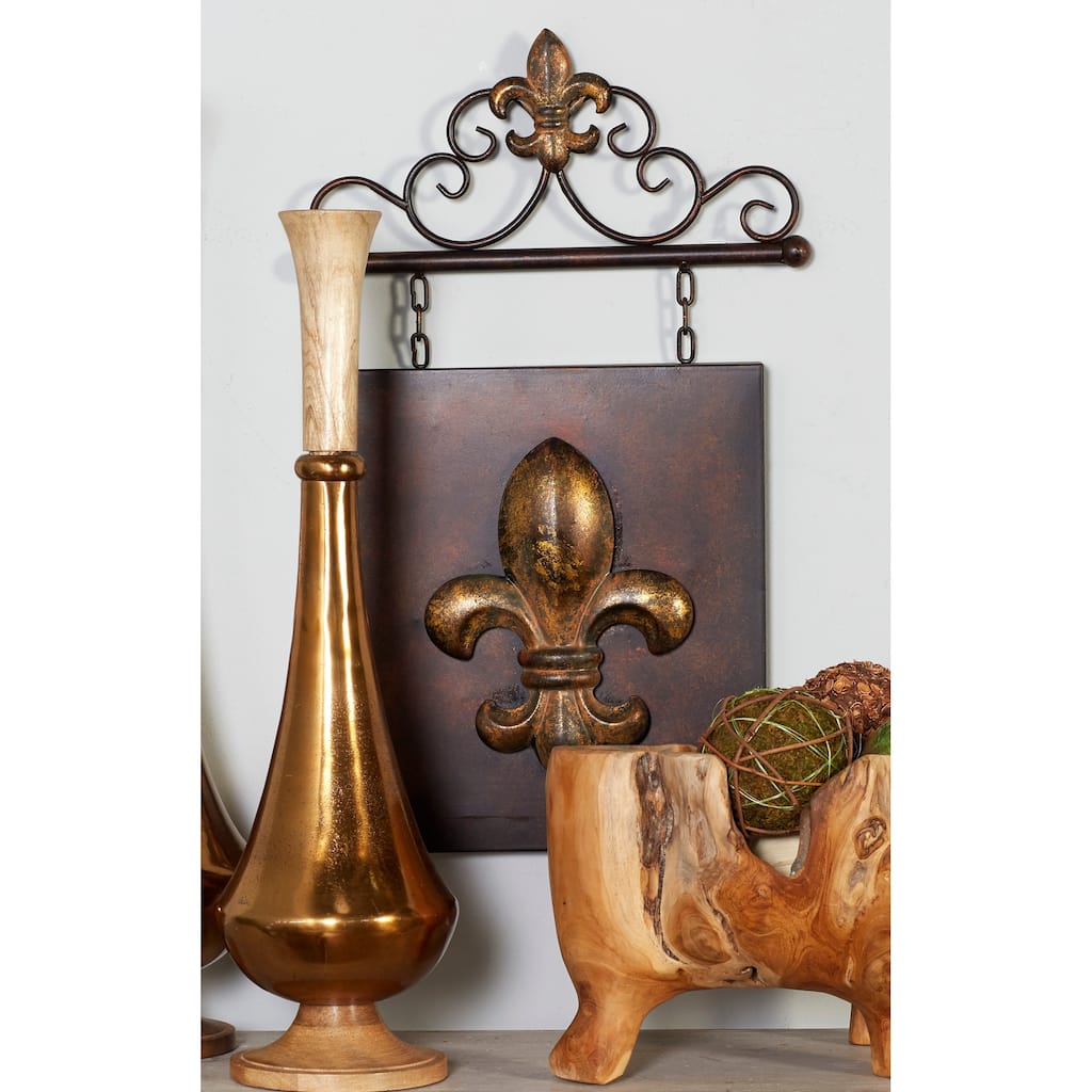 Bronze Metal Suspended Fleur De Lis Home Wall Decor with Scrollwork Hanger