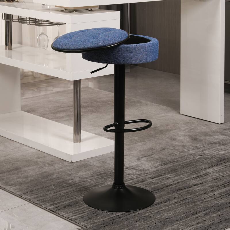 Height Adjustable Bar Stool Blue Armless Bar Chair Round Storage Bar Stool with Metal Frame for Kitchen Living Room