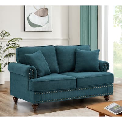 Green 60" Modern Chenille 3-Seater Sofa with Brown Legs, 2 Pillows, and Removable Back Cushions