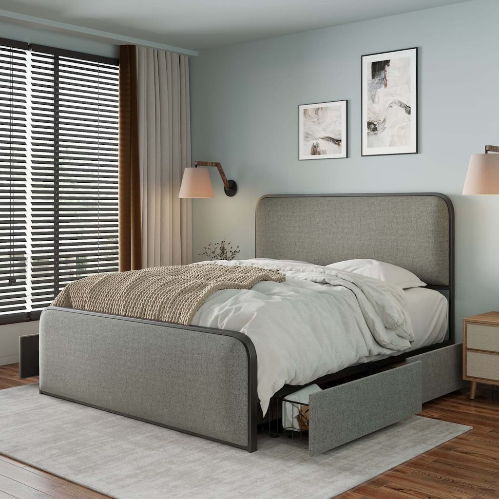 82.90" Metal Frame King Platform Bed with with 4 Storage Drawers