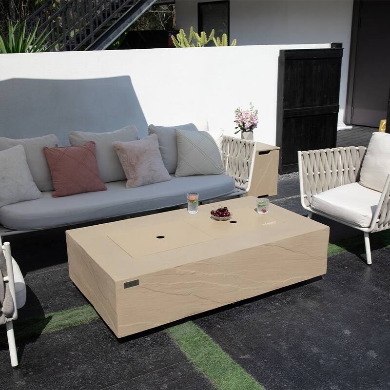 Elementi Plus Meteora Outdoor Fire Pit Table Concrete Rectangular 60000 BTU - 55.9 x 31.9 inches with Lid, Fire Glass, and Cover