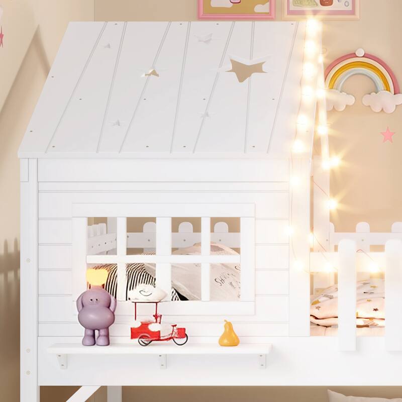 House Loft Bed with Slide and LED Lights, Kids Playhouse Bed with Star & Moon Cutout Roof and Window, Low Loft Bed