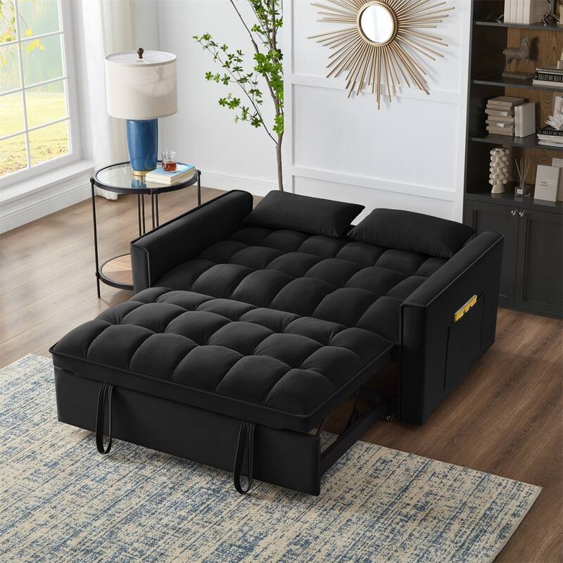 4 in1 Tufted Pull-out Sofa Bed with Backrest, Pillows, Storage Pockets