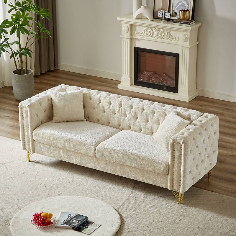 Buttons Tufted Pull Buckle Design Sofa with Copper Nail Decoration Armrest and Metal Legs