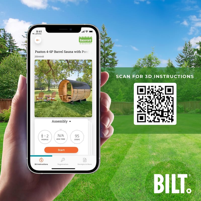 Backyard Discovery Paxton 4-6 Person Outdoor Barrel Sauna, Porch