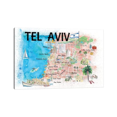iCanvas "Illustrated Landmark Map, Tel Aviv, Israel" by Markus & Martina Bleichner Canvas Print