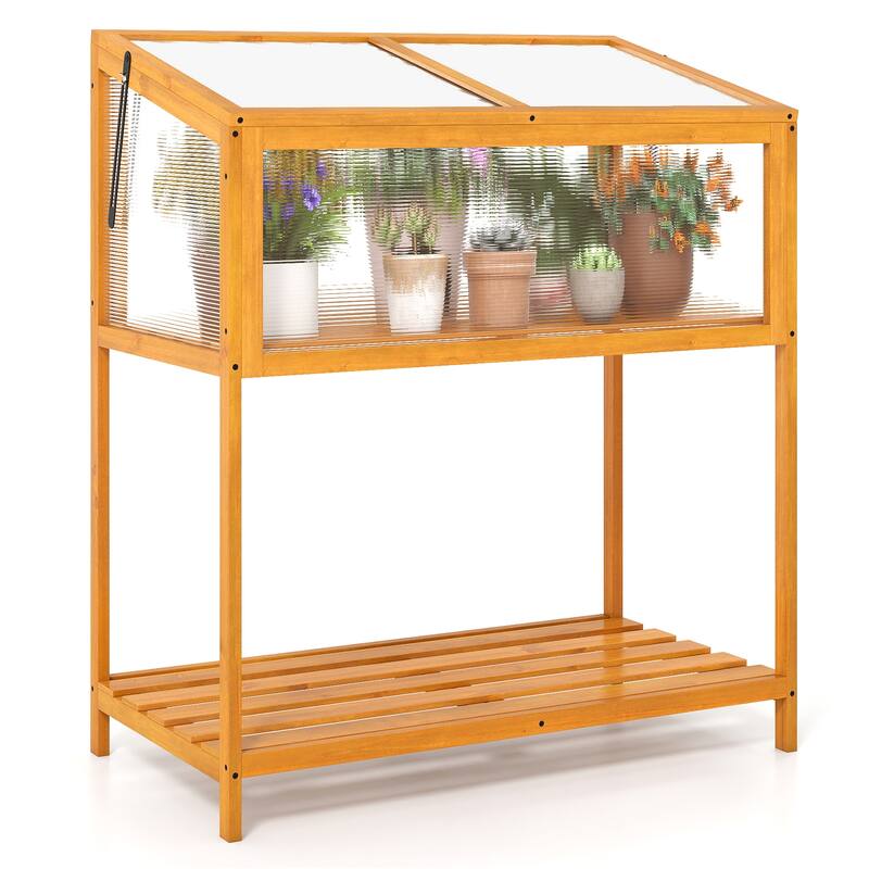 Gymax Wood Cold Frame Greenhouse w/Transparent Openable Roof & Slatted