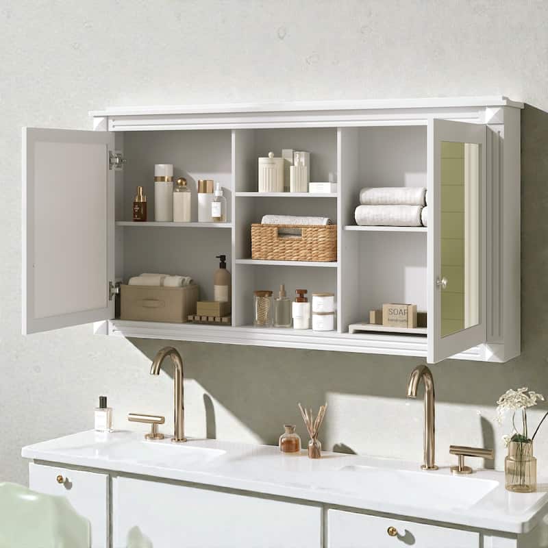 55 Inch Wall Mount Medicine Cabinet with Dual Mirrors, Adjustable Shelves and Soft Close Hinges