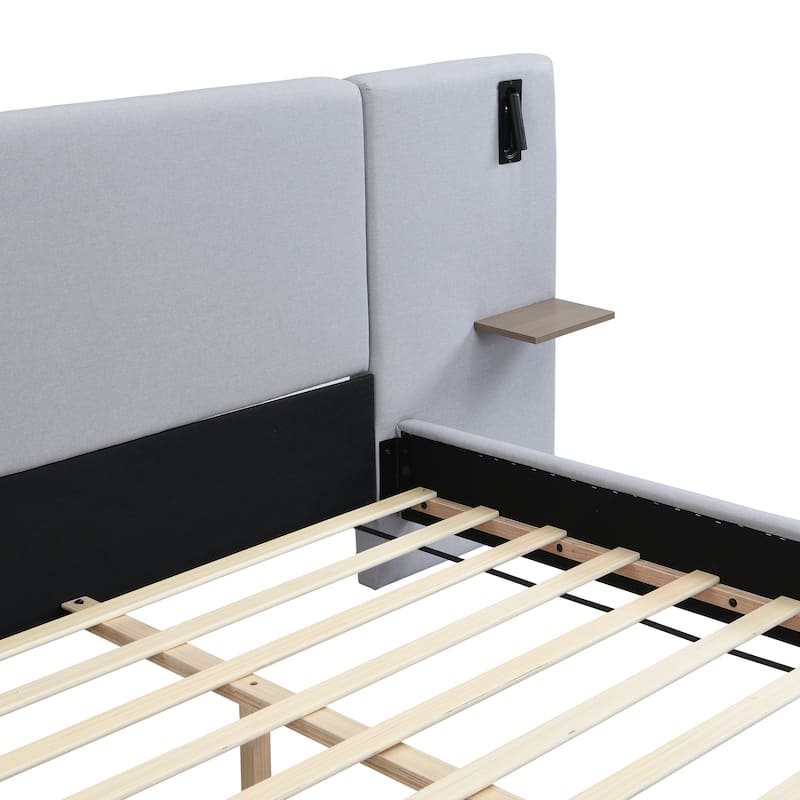 Grey Linen Upholstered Bed with Integrated Lights and Shelves, Queen Size