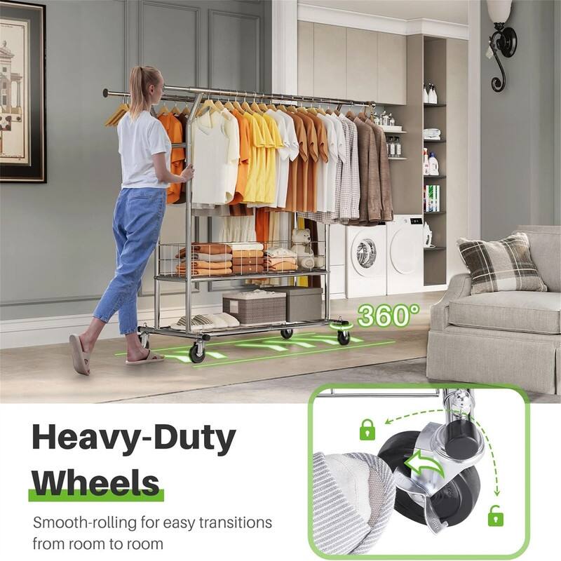 625 lbs Clothing Racks with Wheels - 71"D x 21.65"W x 68"H