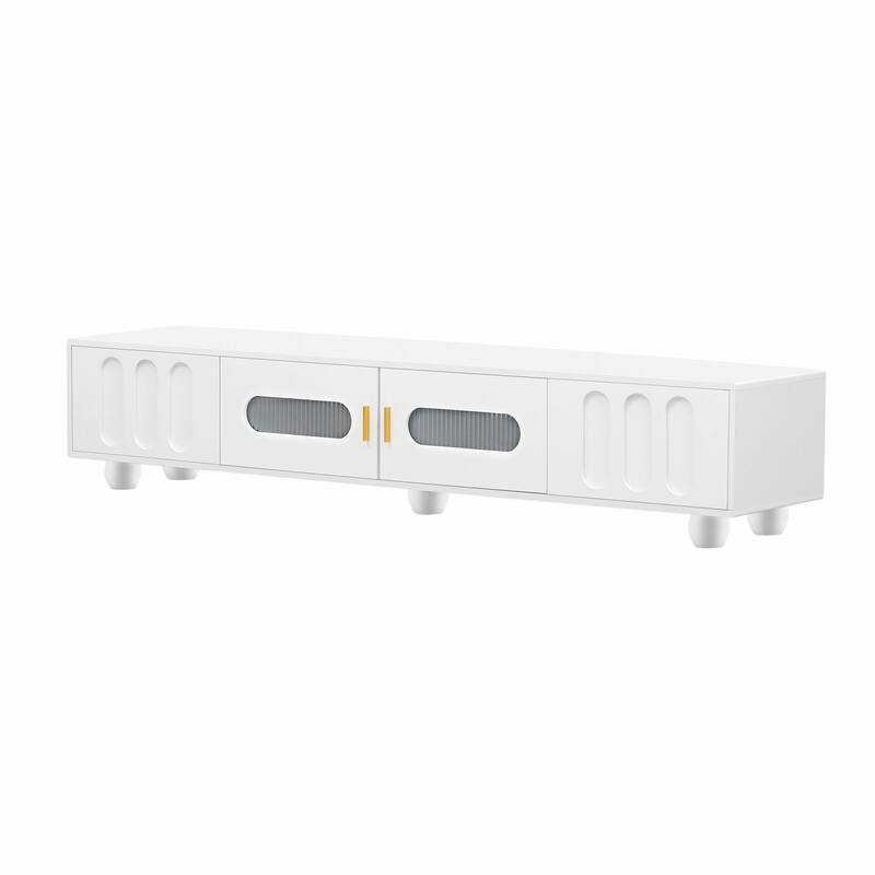 Contemporary TV Stand with Glass Door, 2 Drawers, Cabinets & Solid Wood Legs