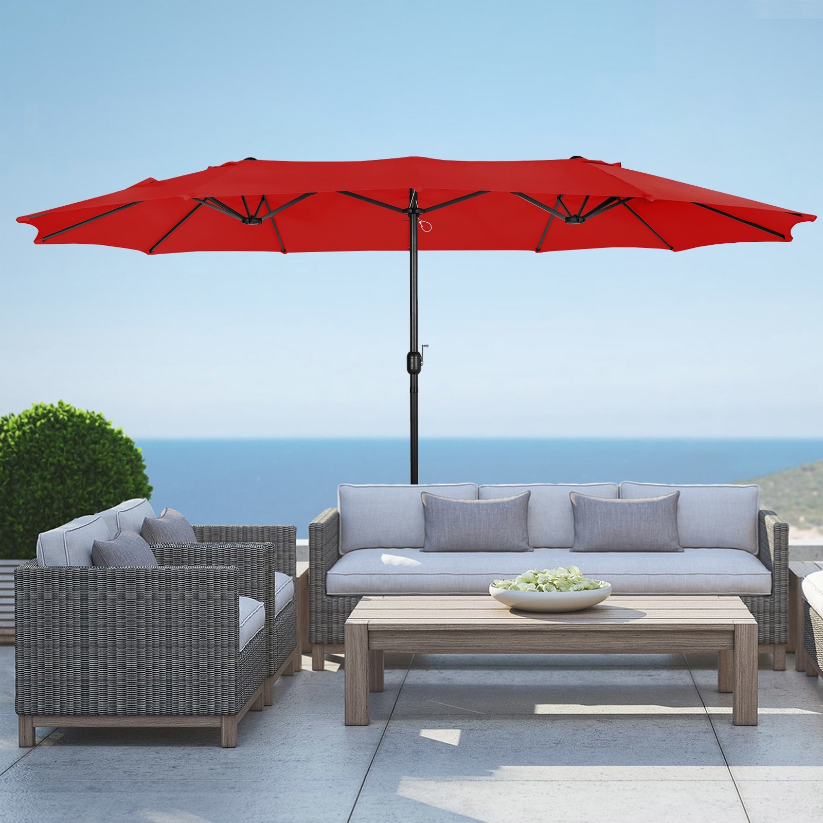 15 double sided twin outdoor patio umbrella cover Outsunny 15ft with Base, Rectangular, Double-Canopy, UV-Blocking, Easy Crank, Beige It includes a metal base frame and 2 sandbags for stability (sand not included) 15 Feet Double-Sided Twin Patio