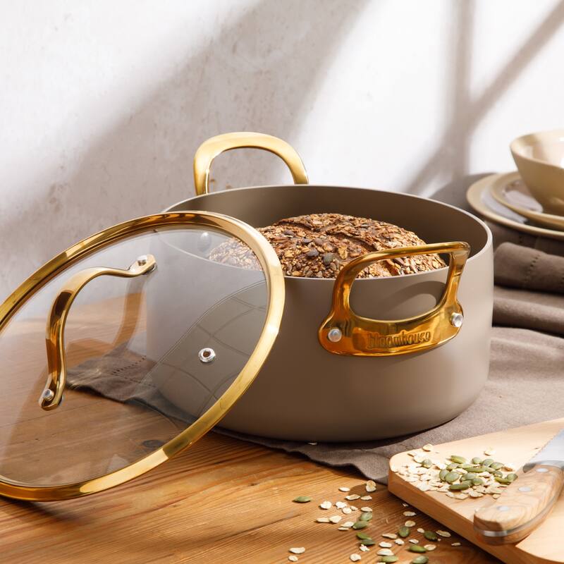Bloomhouse Pots and Pans Heavy Duty Aluminum Premium PFA Free Ceramic Nonstick - Cappucino Cream with Gold Handle