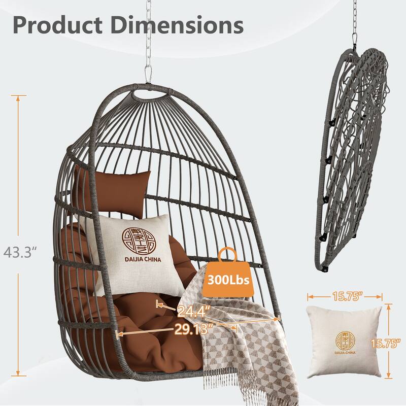 Hanging Chair PE Hanging Chair with Stainless Steel Suspension kit, Outdoor Garden Rattan Egg Swing Chair with Cushion