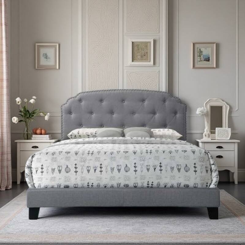 Queen Upholstered Bed with Arched Button-Tufted Headboard and Low Footboard, Padded Fabric Frame with Rubberwood Legs - Gray