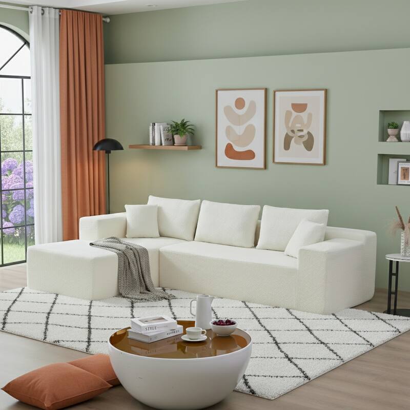 103.5" L-Shaped Modern High-Density Sponge Lambswool Upholstered Modular Sectional Sofa with Pillows - White-Lambswool