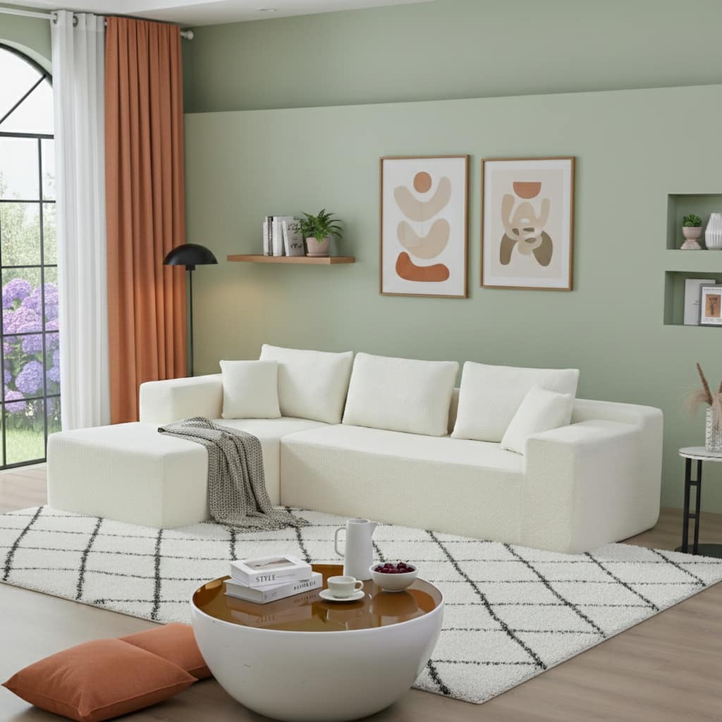 103.5" L-Shaped Modern High-Density Sponge Lambswool Upholstered Modular Sectional Sofa with Pillows