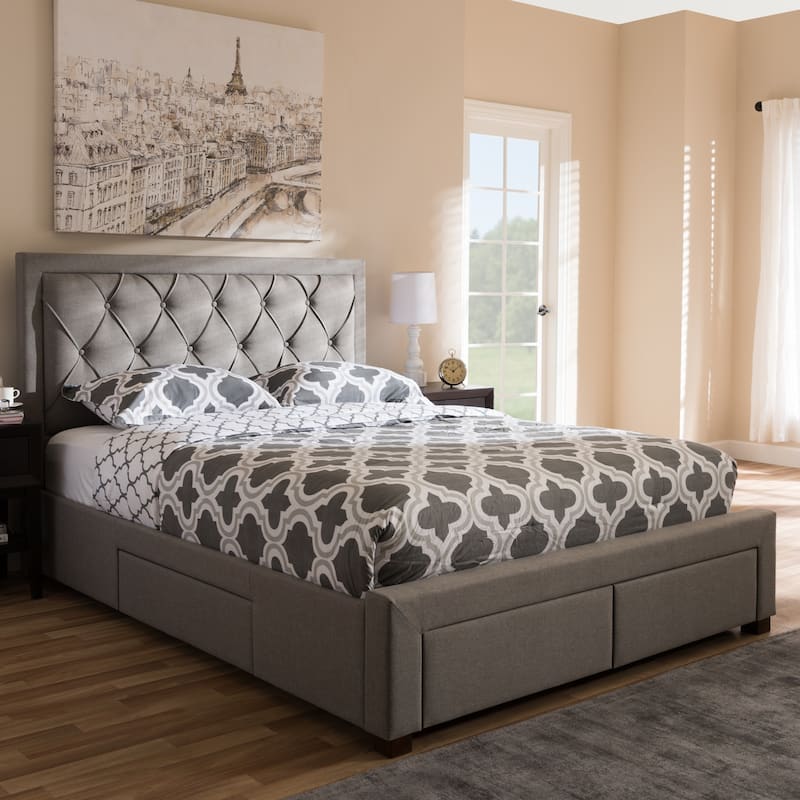 King Size Storage Bed with Headboard - Modern Fabric Upholstered Platform Bed Frame - Grey Bedroom Furniture