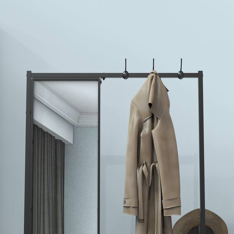 Industrial-Style Foyer Coat Rack with Shoe Cabinet Mirror, Aluminum Frame, for Living Room and Bedroom