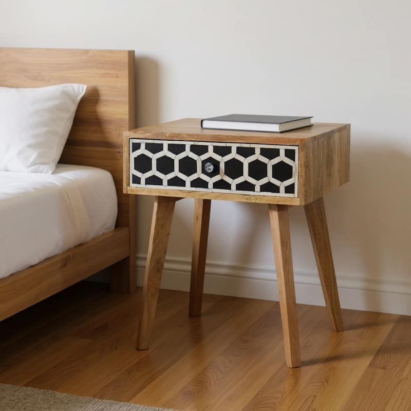 HomeRoots 22" Black White And Brown Solid Wood Geometric Bone Inlay One Drawer Nightstand - Brown - 1-drawer