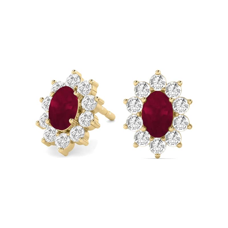 Marquee Oval Shape Ruby and Diamond Flower Earrings in 14K Yellow Gold