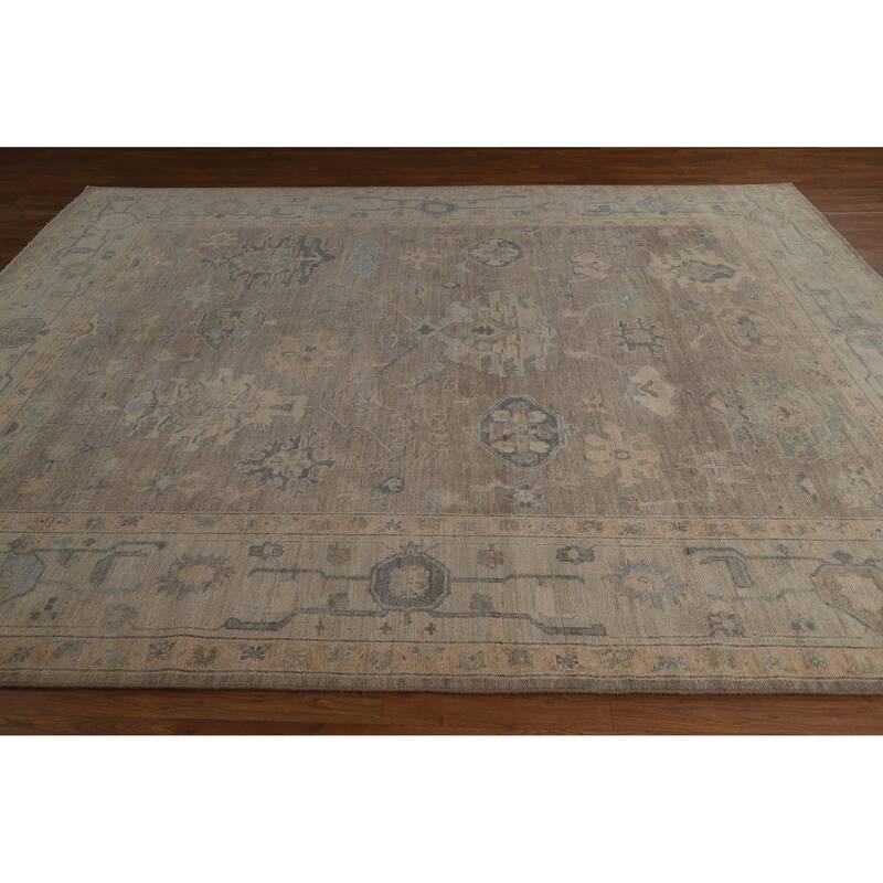 Brown Floral Oushak Turkish Area Rug Hand-Knotted Wool Carpet - 8'1"x 9'10"