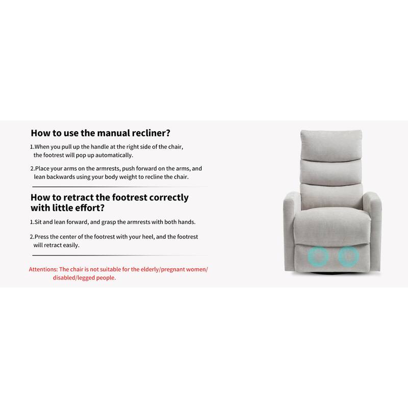 Roomfitters Manual Rocker Swivel Recliner Chair with Heat and Massage Fabric Glider Lounge Sofa for Living Room