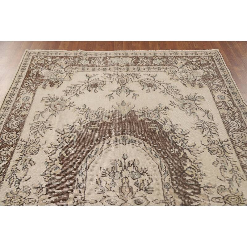 Distressed Ivory Sparta Turkish Vintage Area Rug Handmade Wool Carpet - 5'9"x 9'2"