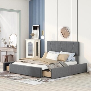 Queen Size Upholstery Platform Bed with Four Drawers on Two