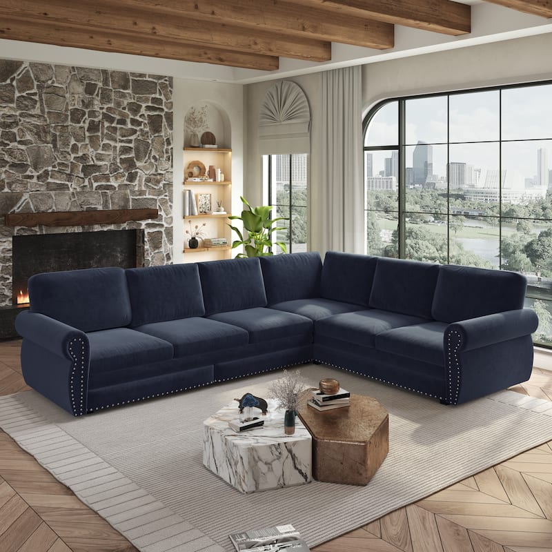 L-Shaped Sectional Sofa with Pull-Out Bed, Oversize Convertible Sleeper Sofa with Rolled Arms, Chenille Upholstery