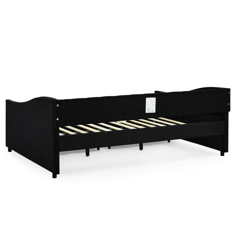 Mid-century Upholstered Sofa Bed Full Size Daybed with Storage Drawers, Button Tufted Back and Nailhead Trim Waved Shape Arms