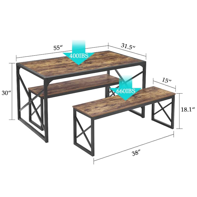 Javlergo 3-Piece Dining Table Set, 43"/55" Modern Wood Table Top Dining Table Set with Bench