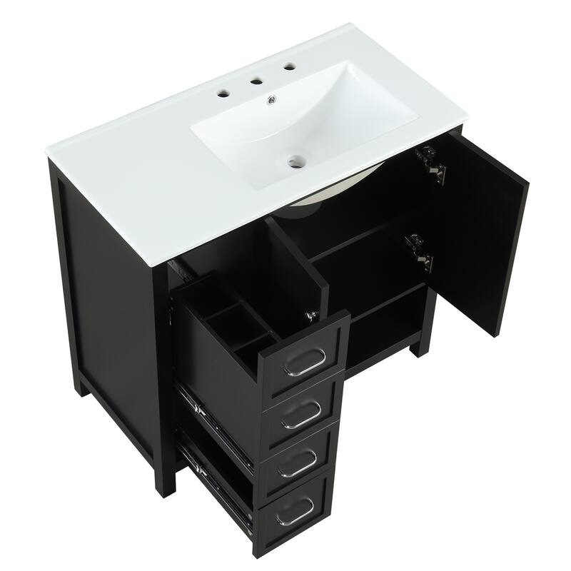 36" Freestanding Bathroom Vanity with Ceramic Sink, 2 Doors and 2 Drawers, Modern Grey Finish,8" Faucet Mount