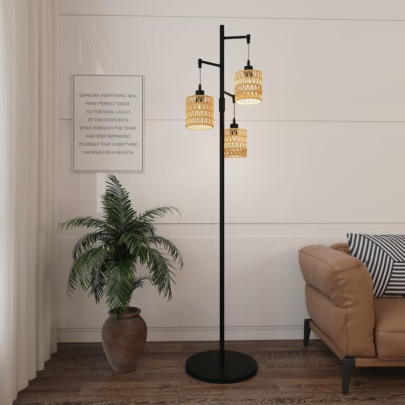 3 Light Rattan Standing Tall Lamp Vintage Floor Lamps