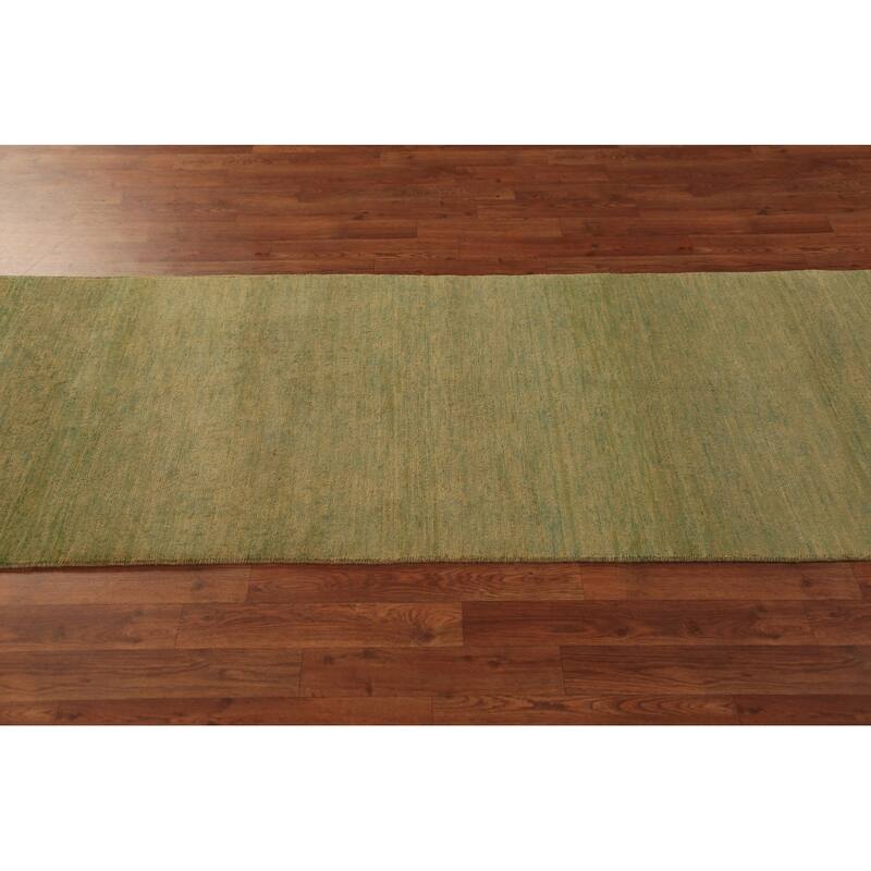 Green & Yellow Modern Gabbeh Runner Rug Handmade Wool Carpet - 2'8" x 9'6"