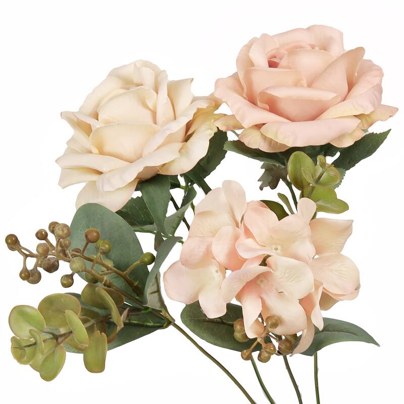 Set of 2 Champagne Peach Artificial Mixed Rose Hydrangea Flower Stem Bush Bouquet 19in - 19" L x 12" W x 12" DP