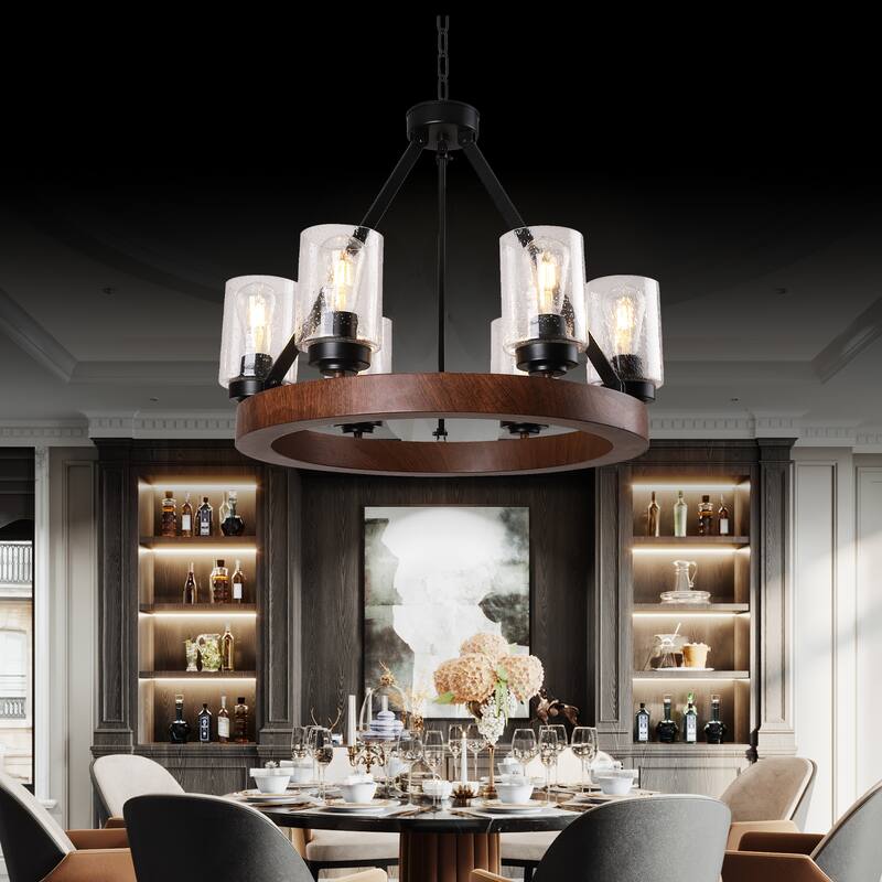 25.2-Inch Modern Farmhouse Chandelier for Dining Room, Black Rustic 6-Light Fixture with Clear Glass Shades