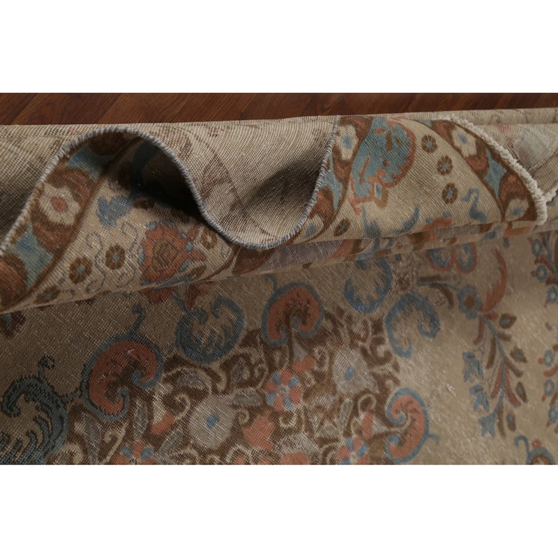 Distressed Floral Tabriz Persian Vintage Area Rug Handmade Wool Carpet - 9'4"x 12'10"