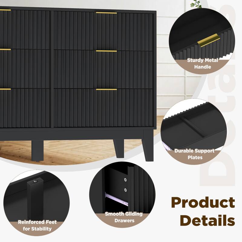 EROMMY Fluted Dresser 6 Drawer Mid Century Modern Dresser Wide Chest of Drawers with Metal Handles for Bedroom Living Room