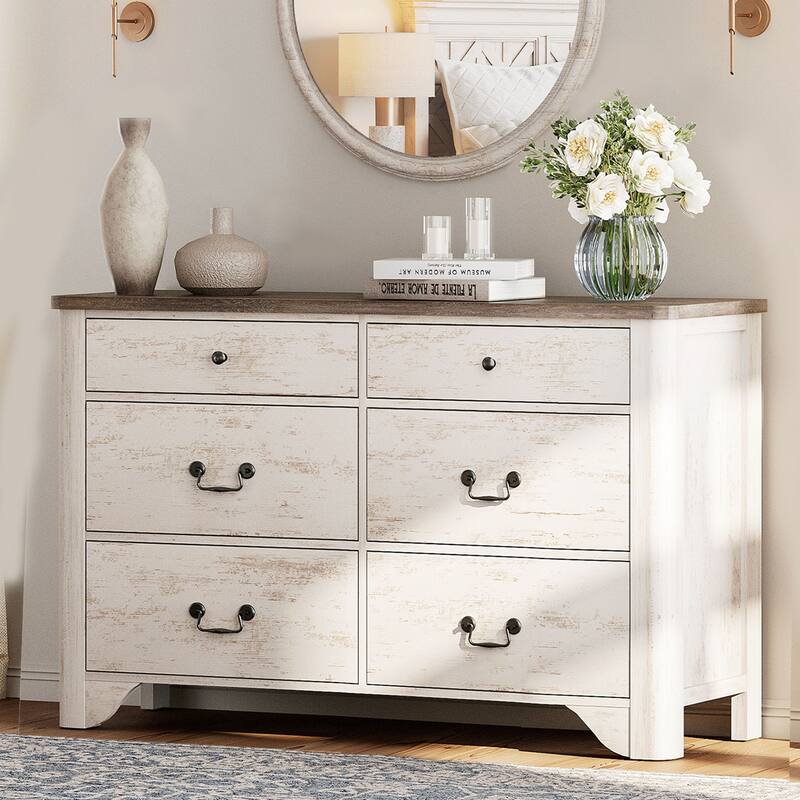 WAMPAT 6 Drawers Dresser for Bedroom, Farmhouse Dresser Wooden Dresser - White