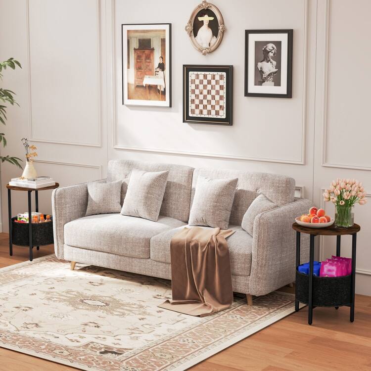 2-Tier Round End Side Table with Metal Frame and Removable Fabric Basket