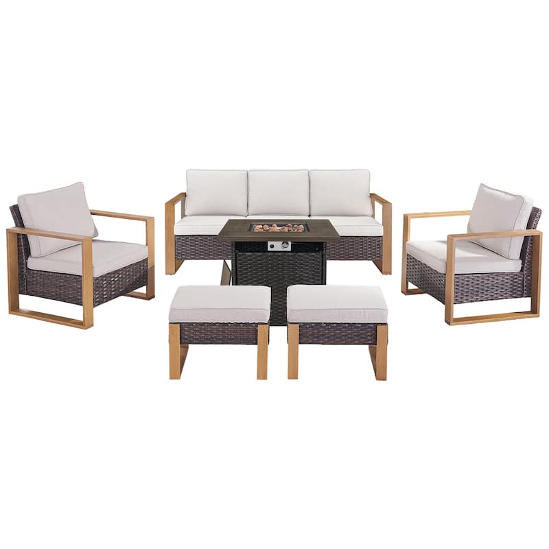 Pocassy Outdoor Fire Pit with 3-Seat Sofa Club Chairs Patio Furniture Set