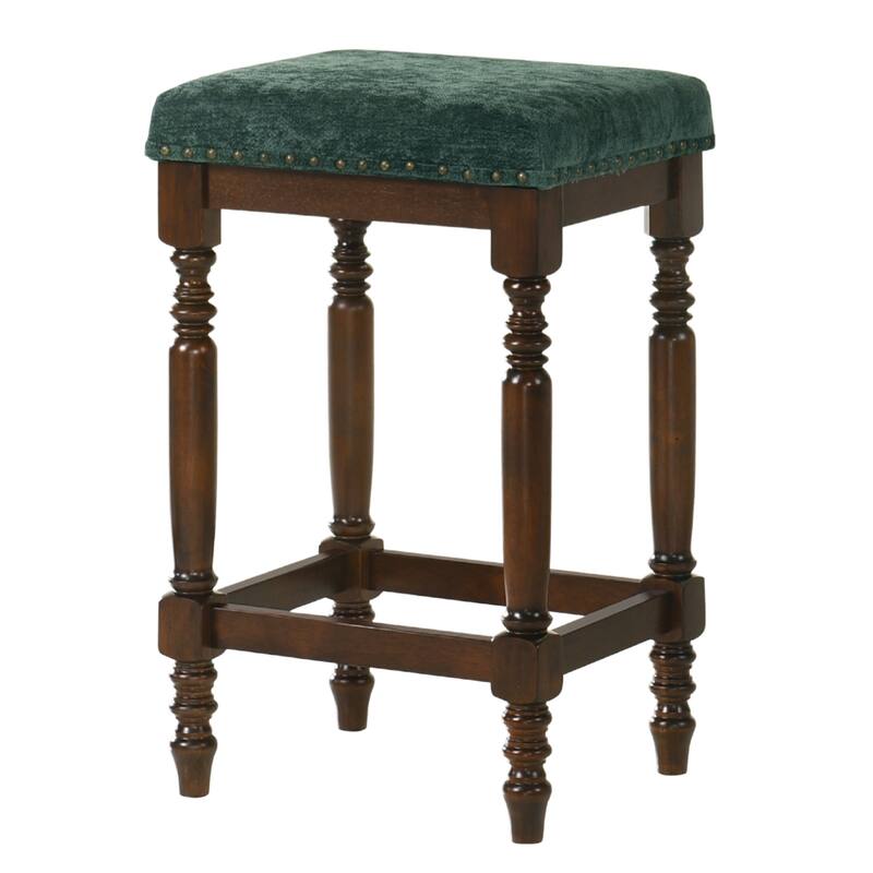 Rustic Wooden Counter Stool With Padded Seat Set Of 2-26 Inch Walnut Barstool With Nailhead Trim,Distressed Finish & Turned Legs