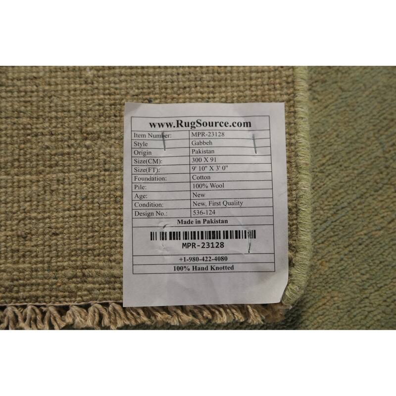 Light Green Modern Gabbeh Runner Rug Handmade Wool Carpet - 3'0" x 9'10"