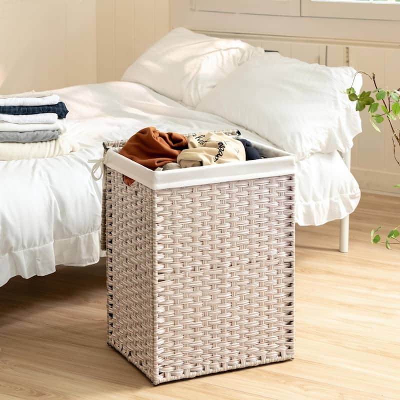 Laundry Hamper with Lid, 100L Wicker Laundry Baskets with 2 Removable Liner Bags - 18"Lx13.5"W x24"H - Grey